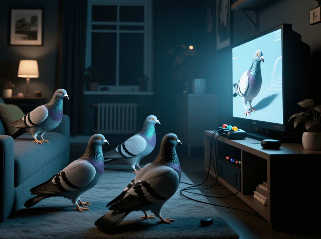 Pigeons playing on the computer, referring to BF Skinner's work with pigeons and how it laid the framework for behavioural science 