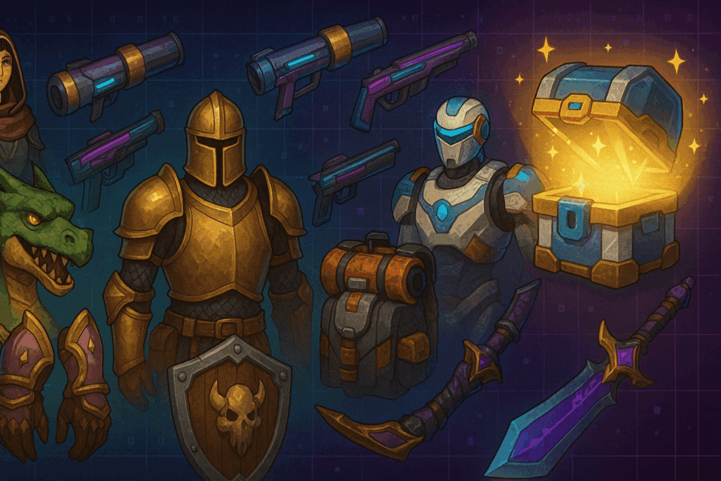 Image showing a variety of game skins, items, weapons and loot boxes 