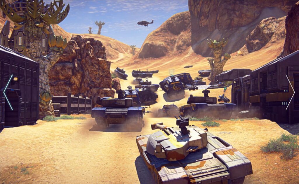 PlanetSide 2 visual with tanks rolling across a landscape