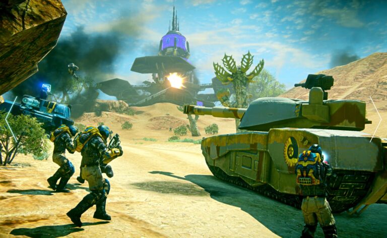 PlanetSide 2 visual with battle in a landscape