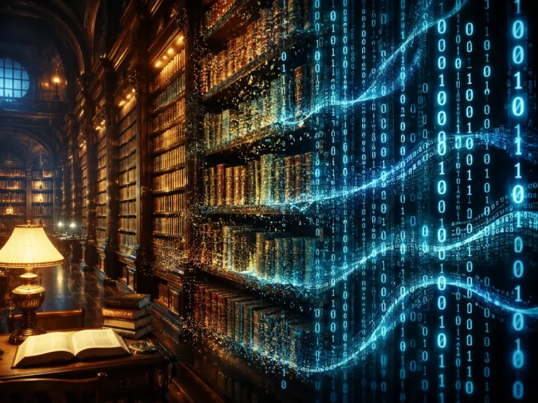image showing library dissolving into binary code showing how literary work has been used to train LLMs like ChatGPT
