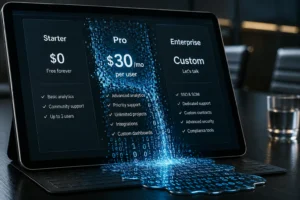 Image of pricing tiers on a table representing the article topic about AI computing costs collapsing, and traditional per-seat SaaS models are breaking, forcing software vendors to charge for automated outcomes rather than human users