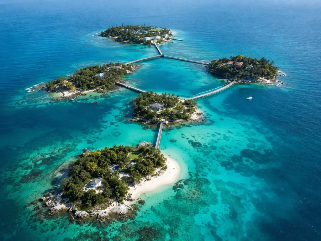 Aerial view of tropical islands connected by bridges, representing specialist software businesses brought together through a vertical SaaS roll-up.