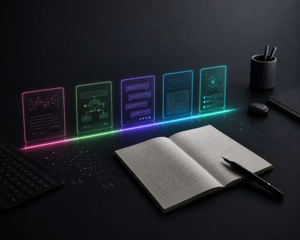 Abstract AI chatbot panels separated from an open manuscript by a glowing boundary, illustrating ethical limits on imitating authors’ writing styles.