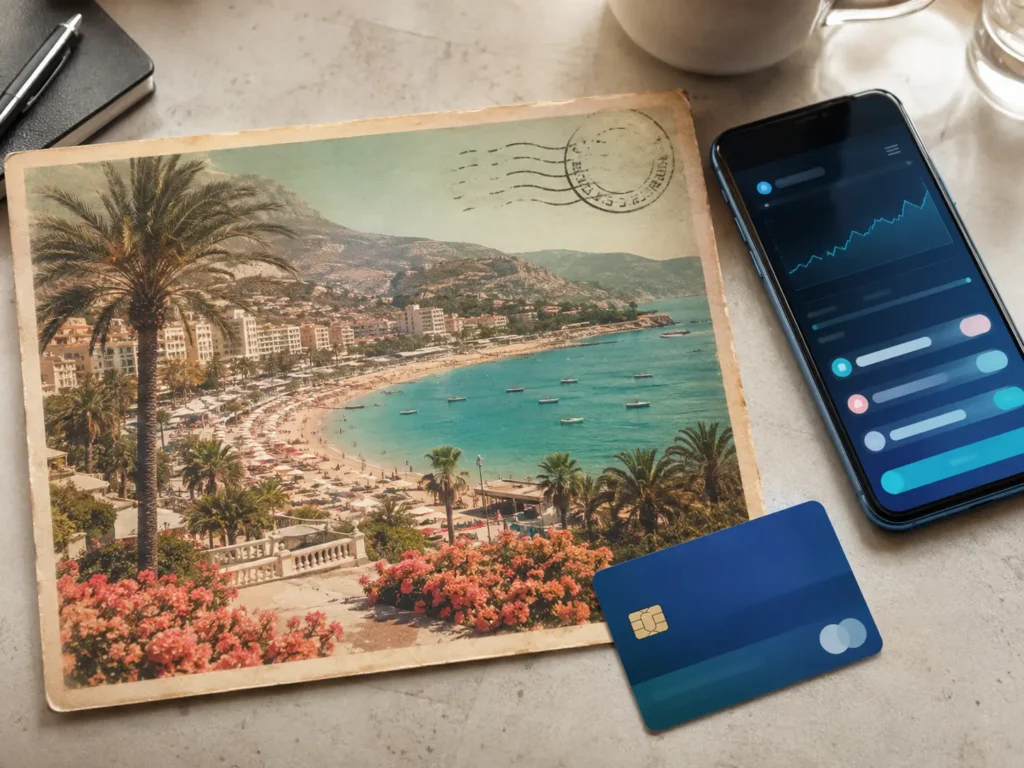 Vintage Mediterranean holiday postcard beside a smartphone and payment card displaying modern fintech imagery.