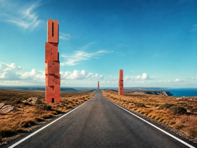 Horizontal Road stretches off into the distance with vertical towers rising up