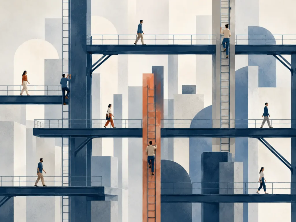 Illustration of office workers walking along horizontal platforms and climbing vertical ladders in an abstract cityscape.
