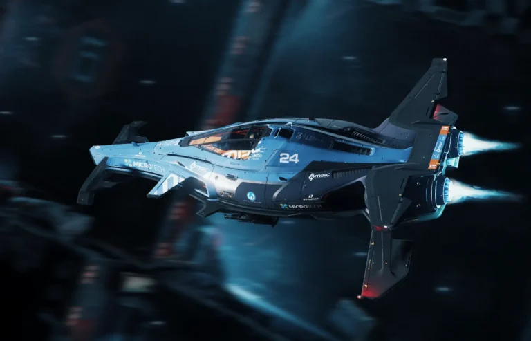 A screenshot of a game in which a Razor spaceship flies by a Space Station
