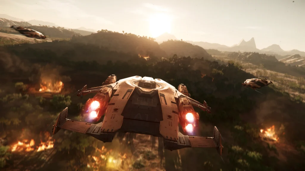 Anvil Valkyrie combat dropship flying above Hurston