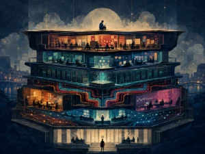 A phone user sits above a cutaway of the iGaming industry, revealing development teams, servers, analytics, data flows and regulatory oversight.
