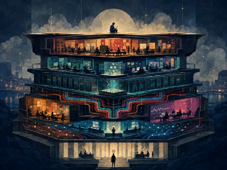 A phone user sits above a cutaway of the iGaming industry, revealing development teams, servers, analytics, data flows and regulatory oversight.