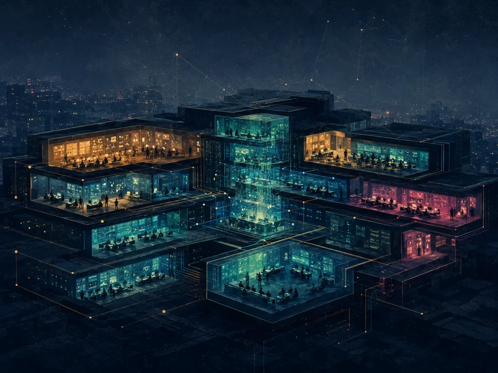 Painterly cutaway illustration of a sprawling digital-business complex, with interconnected teal, amber and magenta offices surrounding a luminous central data hub.